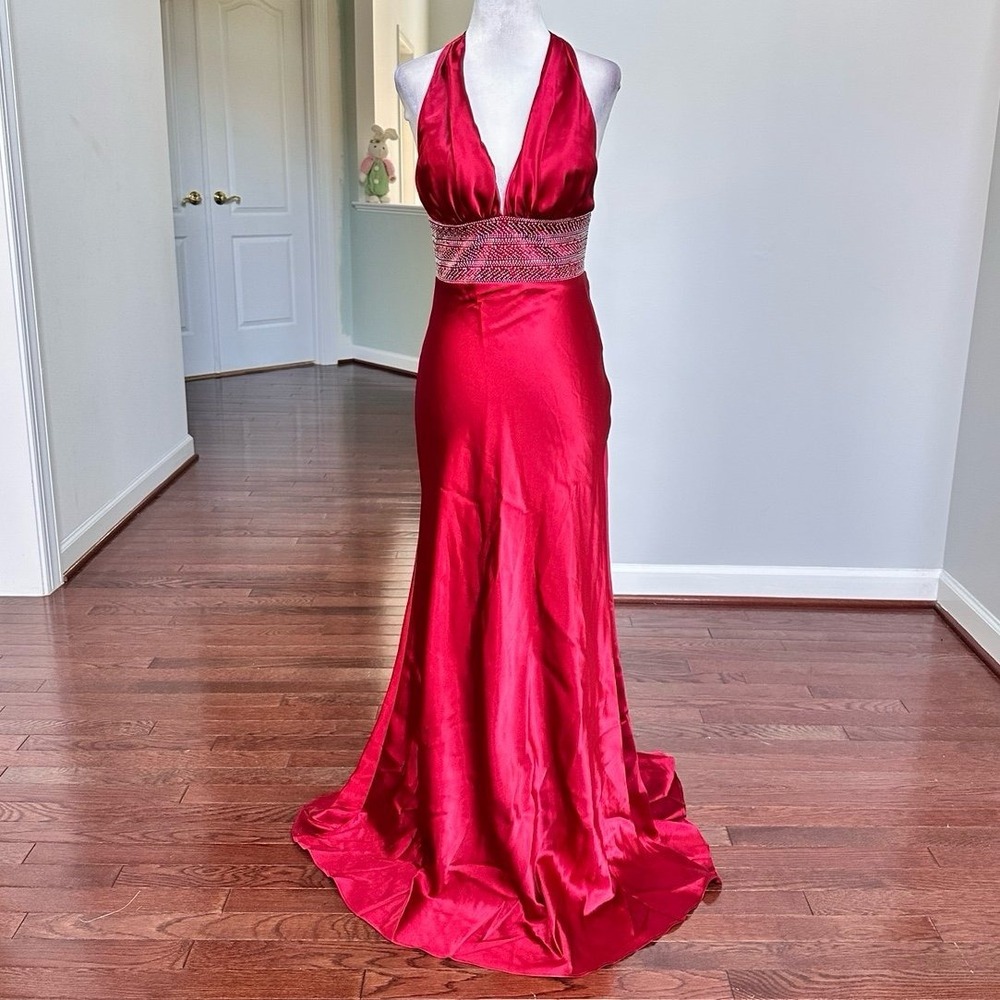 BORA USA Red Satin Embellished Rhinestone Waist Halter Sexy Plunge Gown Dress